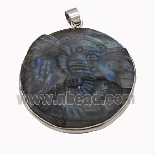 Natural Labradorite Ganesha Pendant Carved Elephant