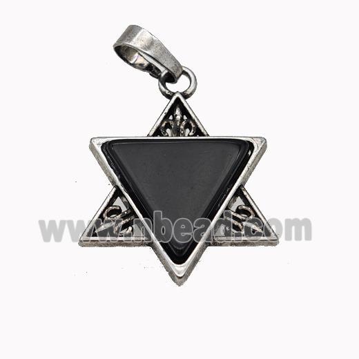 Alloy David Star Pendant Pave Black Obsidian Antique Silver