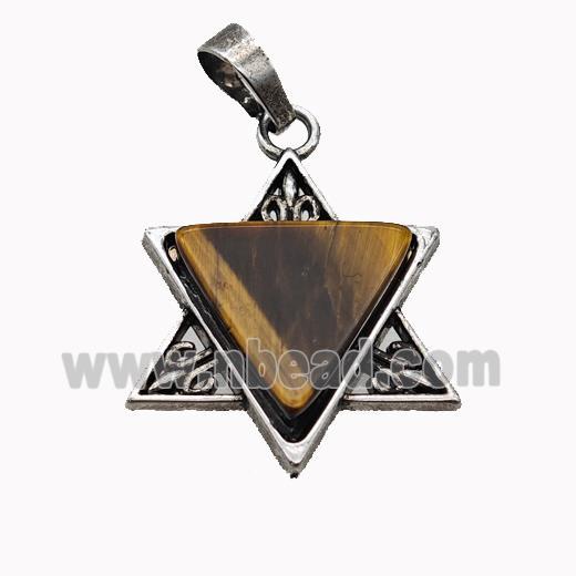 Alloy David Star Pendant Pave Tiger Eye Stone Antique Silver