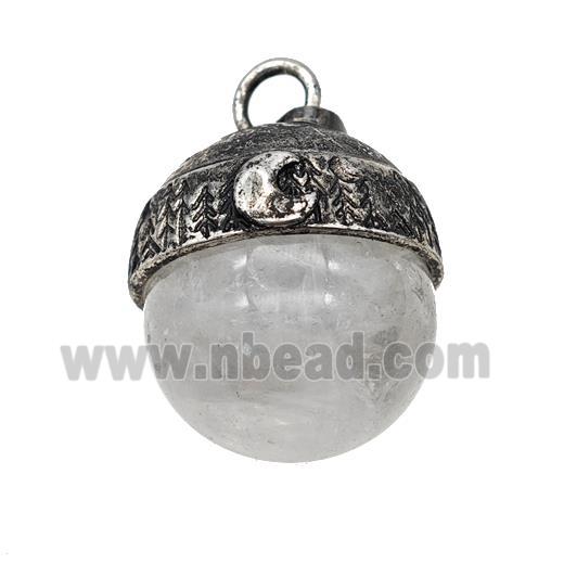 Natural Clear Quartz Sphere Pendant Alloy Antique Silver