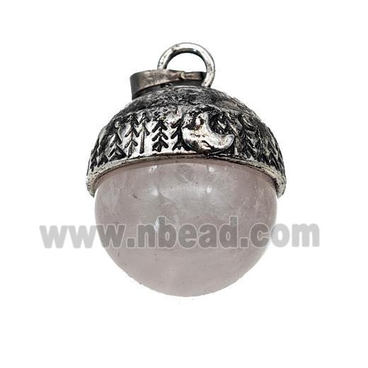 Natural Pink Quartz Sphere Pendant Alloy Antique Silver