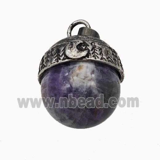 Natural Purple Amethyst Sphere Pendant Alloy Antique Silver