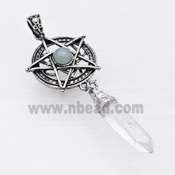 Alloy Star Pendant Pave Aventurine With Crystal Quartz Stick Antique Silver