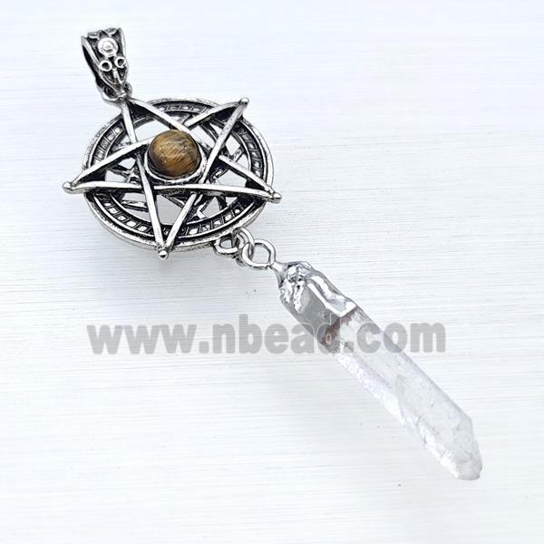 Alloy Star Pendant Pave Tiger Eye With Crystal Quartz Stick Antique Silver