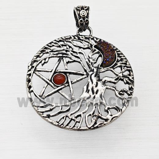 Alloy Tree Of Life Pendant Pave Druzy Moon Red Agate Star Antique Silver