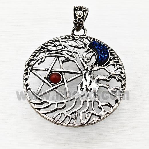 Alloy Tree Of Life Pendant Pave Blue Druzy Moon Red Agate Star Antique Silver