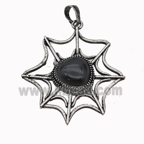 Alloy Spiderweb Pendant Pave Black Obsidian Antique Silver