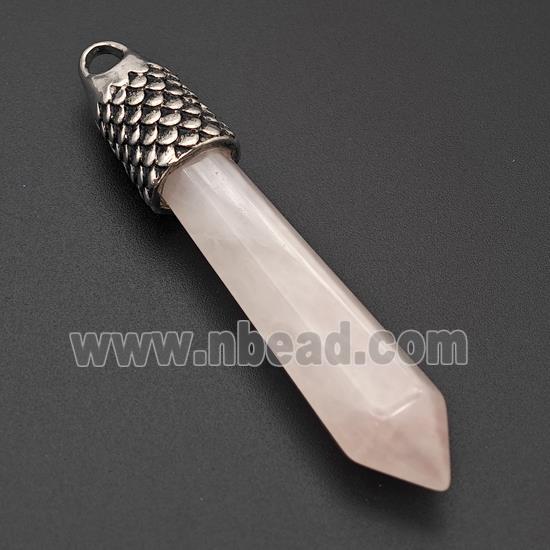 Natural Pink Rose Quartz Prism Pendant Alloy Antique Silver