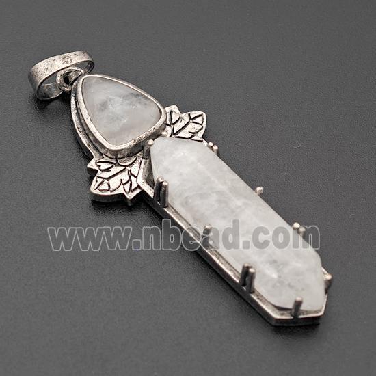 Natural Clear Quartz Prism Pendant Alloy Leaf Antique Silver