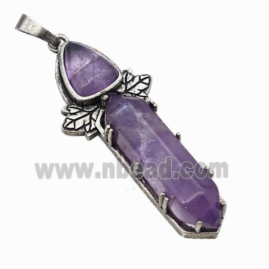 Natural Purple Amethyst Prism Pendant Alloy Leaf Antique Silver