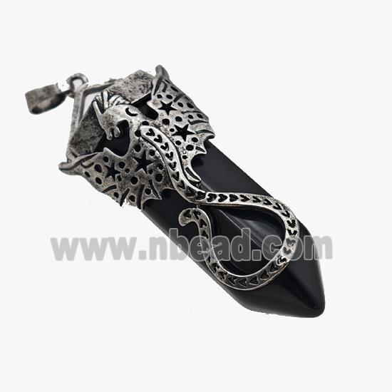 Natural Black Obsidian Prism Pendant With Alloy Peterosaur Antique Silver