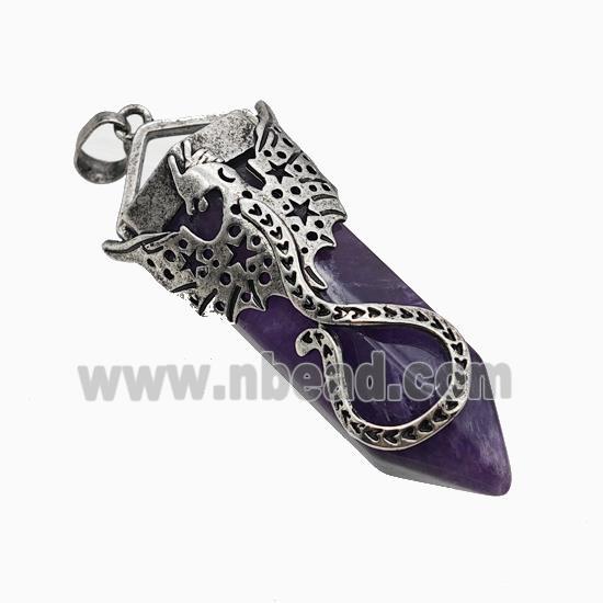 Natural Purple Amethyst Prism Pendant With Alloy Peterosaur Antique Silver