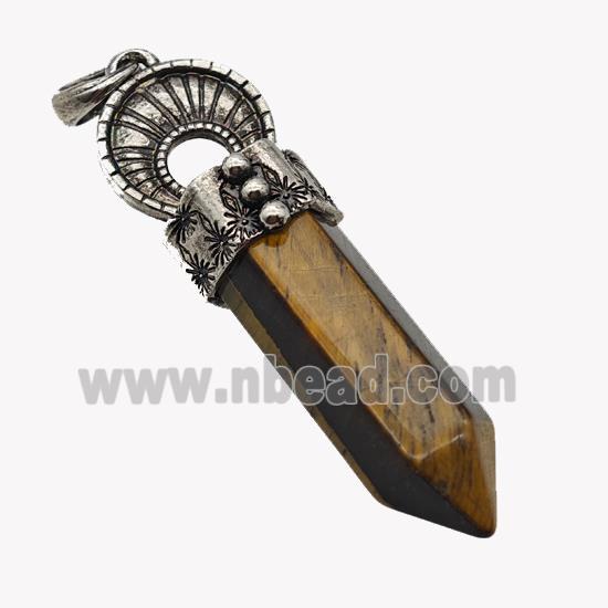 Natural Tiger Eye Stone Prism Pendant Alloy Antique Silver