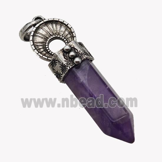 Natural Purple Amethyst Prism Pendant Alloy Antique Silver