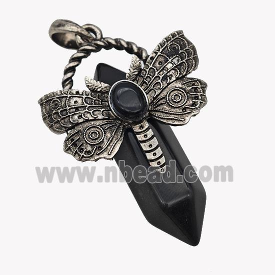 Natural Black Obsidian Prism Pendant Alloy Butterfly Antique Silver