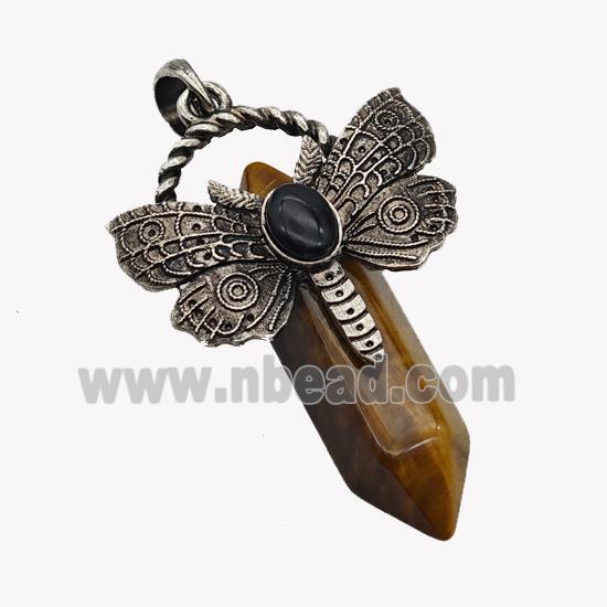 Natural Tiger Eye Stone Prism Pendant Alloy Butterfly Antique Silver