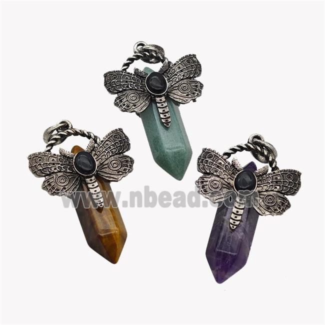 Natural Gemstone Prism Pendant Alloy Butterfly Antique Silver Mixed