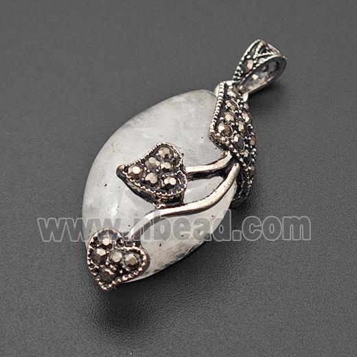 Natural Clear Quartz Leaf Pendant Alloy Pave Rhinestone Antique Silver