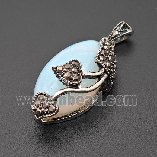 Natural Opalite Leaf Pendant Alloy Pave Rhinestone Antique Silver