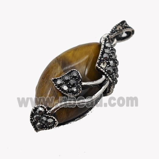 Natural Tiger Eye Stone Leaf Pendant Alloy Pave Rhinestone Antique Silver