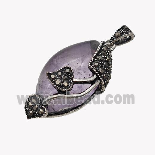 Natural Purple Amethyst Leaf Pendant Alloy Pave Rhinestone Antique Silver