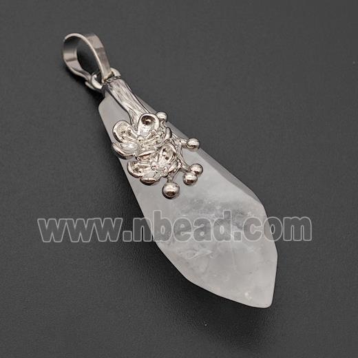 Natural Clear Quartz Teardrop Pendant Alloy Flower Antique Silver