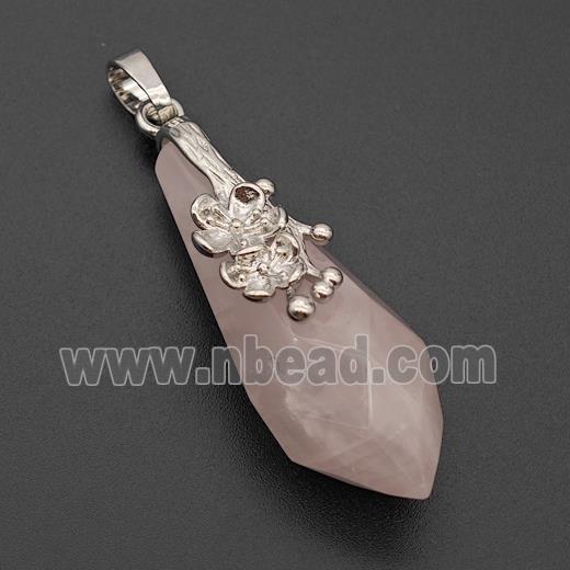 Natural Pink Rose Quartz Teardrop Pendant Alloy Flower Antique Silver