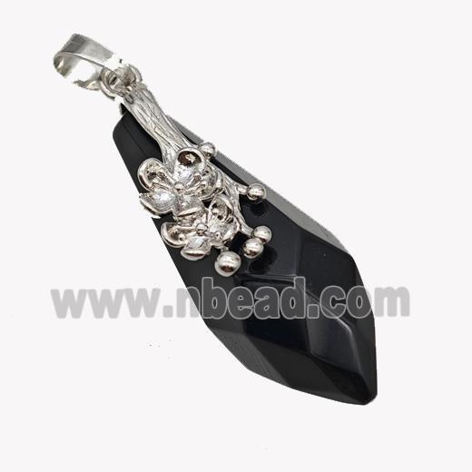 Natural Black Obsidian Teardrop Pendant Alloy Flower Antique Silver