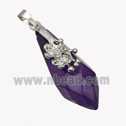 Natural Purple Amethyst Teardrop Pendant Alloy Flower Antique Silver