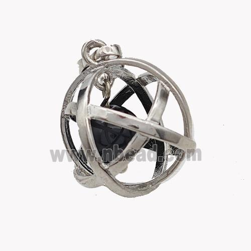 Alloy Sphere Pendant With Black Obsidian Platinum Plated