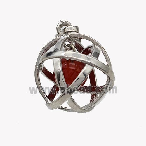 Alloy Sphere Pendant With Red Agate Platinum Plated