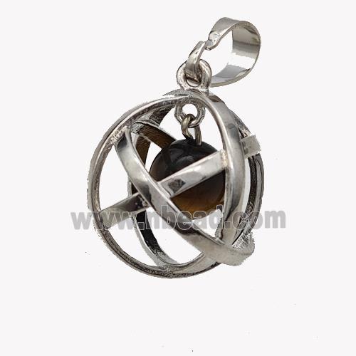 Alloy Sphere Pendant With Tiger Eye Platinum Plated