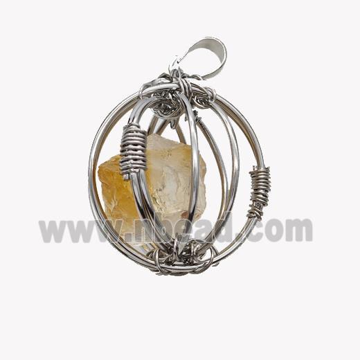 Copper Sphere Pendant With Citrine Nugget Wire Wrapped Platinum Plated