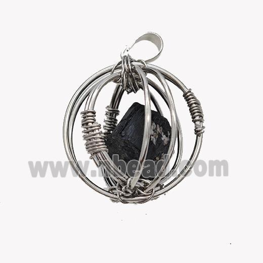 Copper Sphere Pendant With Black Obsidian Nugget Wire Wrapped Platinum Plated