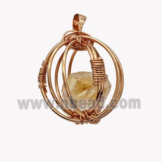 Copper Sphere Pendant With Citrine Nugget Wire Wrapped Rose Gold