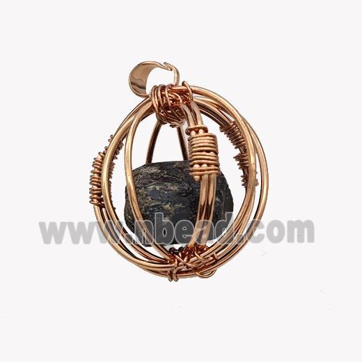 Copper Sphere Pendant With Black Obsidian Nugget Wire Wrapped Rose Gold