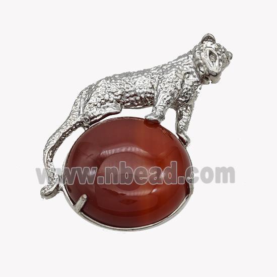 Alloy Leopard Pendant Pave Red Agate Platinum Plated