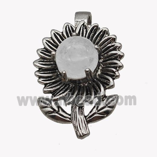 Alloy Sunflower Pendant Pave Clear Quartz Antique Silver