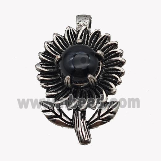 Alloy Sunflower Pendant Pave Black Obsidian Antique Silver