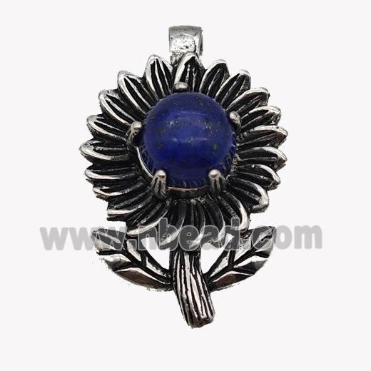 Alloy Sunflower Pendant Pave Blue Lapis Antique Silver