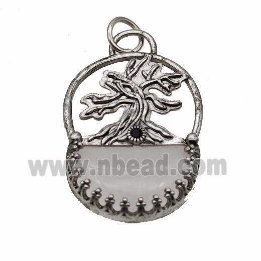 Alloy Tree Pendant Pave Rose Quartz Moon Antique Silver