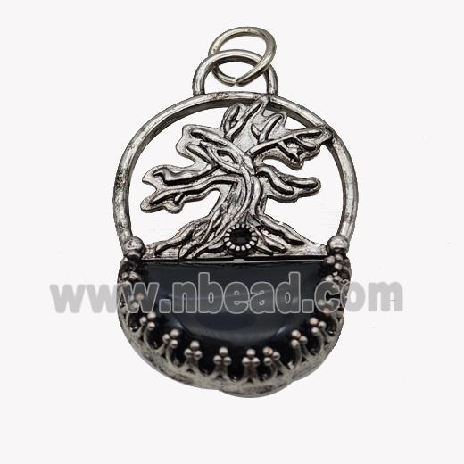 Alloy Tree Pendant Pave Black Obsidian Moon Antique Silver