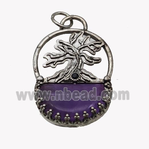 Alloy Tree Pendant Pave Purple Amethyst Moon Antique Silver