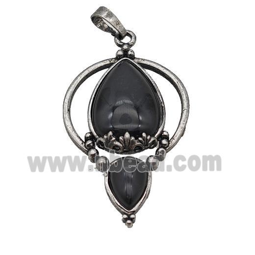 Alloy Teardrop Pendant Pave Black Obsidian Antique Silver