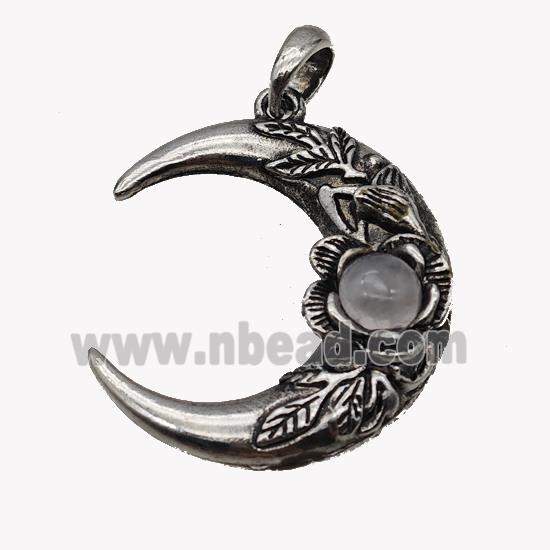 Alloy Moon Pendant Pave Clear Quartz Antique Silver