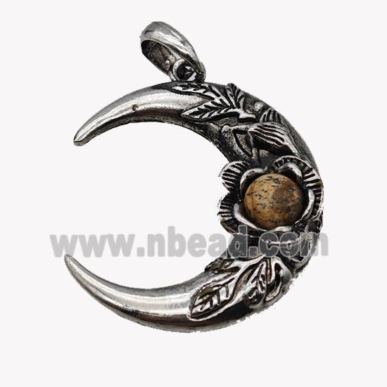 Alloy Moon Pendant Pave Picture Jasper Antique Silver