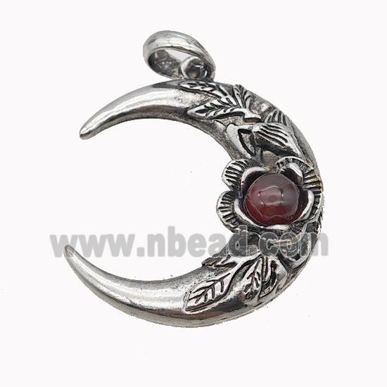 Alloy Moon Pendant Pave Red Agate Antique Silver