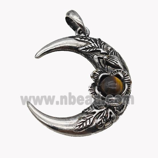 Alloy Moon Pendant Pave Tiger Eye Stone Antique Silver