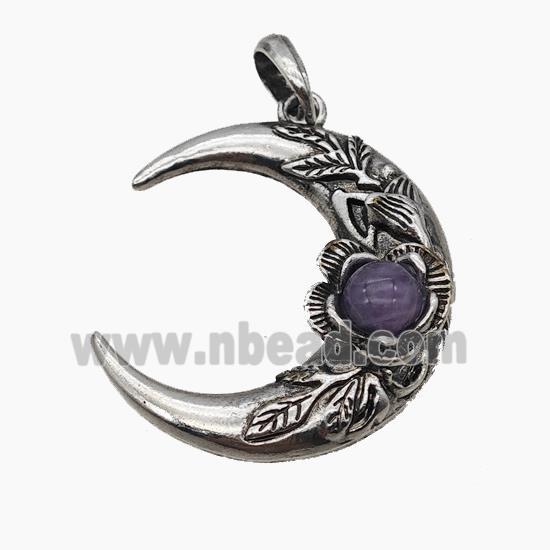 Alloy Moon Pendant Pave Purple Amethyst Antique Silver