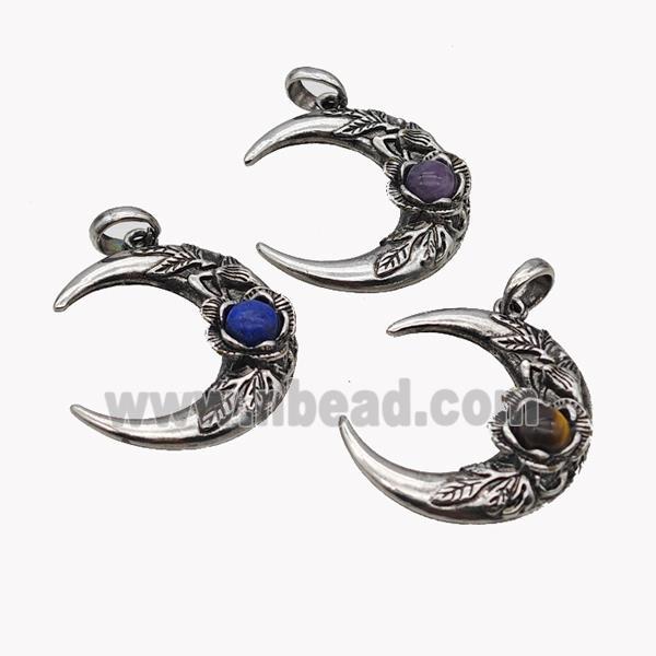 Alloy Moon Pendant Pave Gemstone Antique Silver Mixed